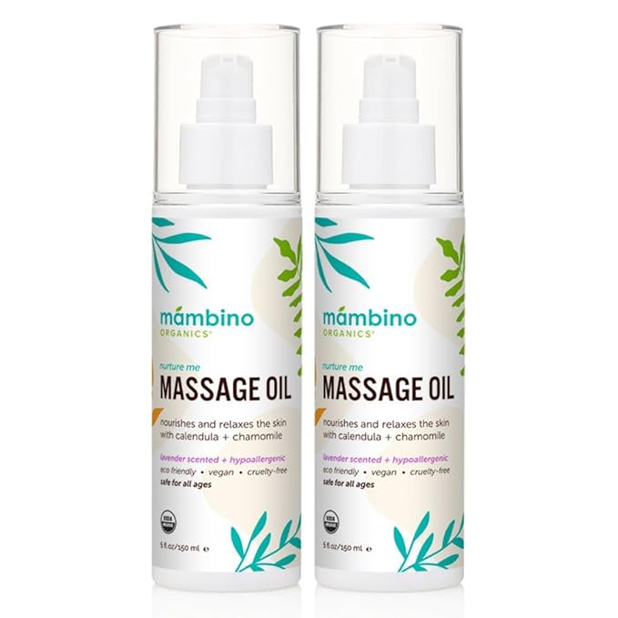 Mambino Organics Massage Baby Oil – Organic, Nourishing with Egyptian Calendula, Chamomile & Lavender – Gentle for After-Bath Relaxing – Cruelty-Free Baby Oils for Baby & Kids, 2-Pack 5 fl oz