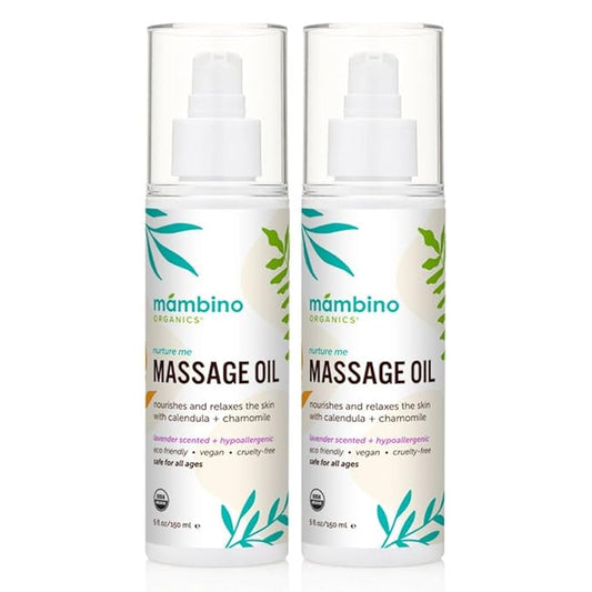 Mambino Organics Massage Baby Oil – Organic, Nourishing with Egyptian Calendula, Chamomile & Lavender – Gentle for After-Bath Relaxing – Cruelty-Free Baby Oils for Baby & Kids, 2-Pack 5 fl oz
