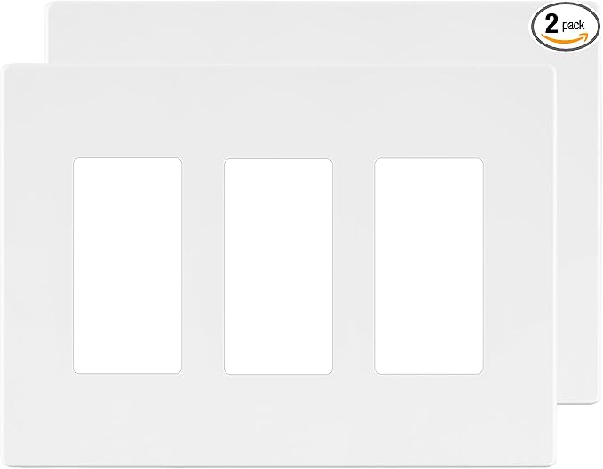 LIDER Brushed Finish Decorator Switch Cover, Screwless Wall Plate, Mid-Size 3-Gang 4.88" x 6.77", Unbreakable Polycarbonate Thermoplastic, UL Listed, LSWP-33M-W2P, White, 2 Pack