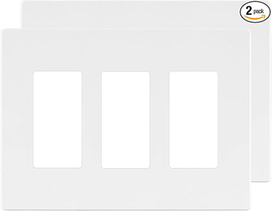 LIDER Brushed Finish Decorator Switch Cover, Screwless Wall Plate, Mid-Size 3-Gang 4.88" x 6.77", Unbreakable Polycarbonate Thermoplastic, UL Listed, LSWP-33M-W2P, White, 2 Pack