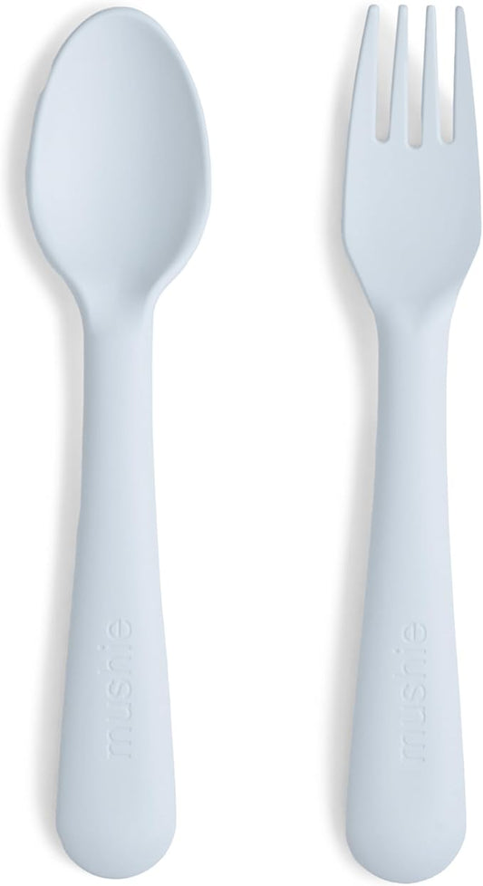 mushie Flatware Fork and Spoon Set for Toddlers | Made in Denmark (Powder Blue)