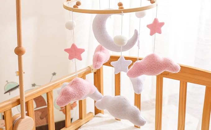 Baby Crib Mobile for Nursery, Pink Mobile Crib, Baby Mobile for Bassinet, Nursery Decor Nursery Hanging Decor Felt Moon Stars Clouds Baby Gift for Boys and Girls