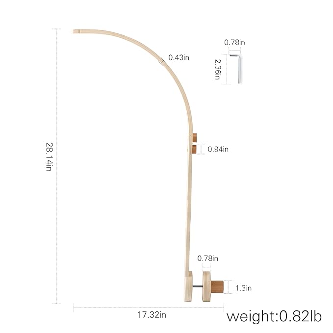 Wooden Crib Mobile Arm | Baby Crib Mobile Arm Wooden Holder | Rotatable Adjustable Anti Slip Attachment Clamp for Sturdy Mobile Hanger (Curved Arm)