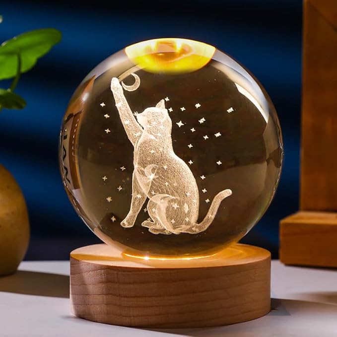 3D Cat Engraved Pattern with Wooden Lighted Base, USB Powered Cable with Switch, Night Light Decoration, Cat Lamp for Bedroom Unique Gifts for Her