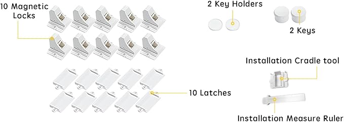 Vmaisi Adhesive Magnetic Locks for Cabinets & Drawers (10 Locks and 2 Keys)