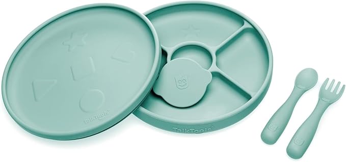 Talktools Bitsy Feeding Kid's Essentials Plate Set – Toddler Utensils, Spoon and Fork, Plate Lid, Perfect for Mealtime – Strong Suction Toddler Plates with 4 Compartments (Set-Sage)