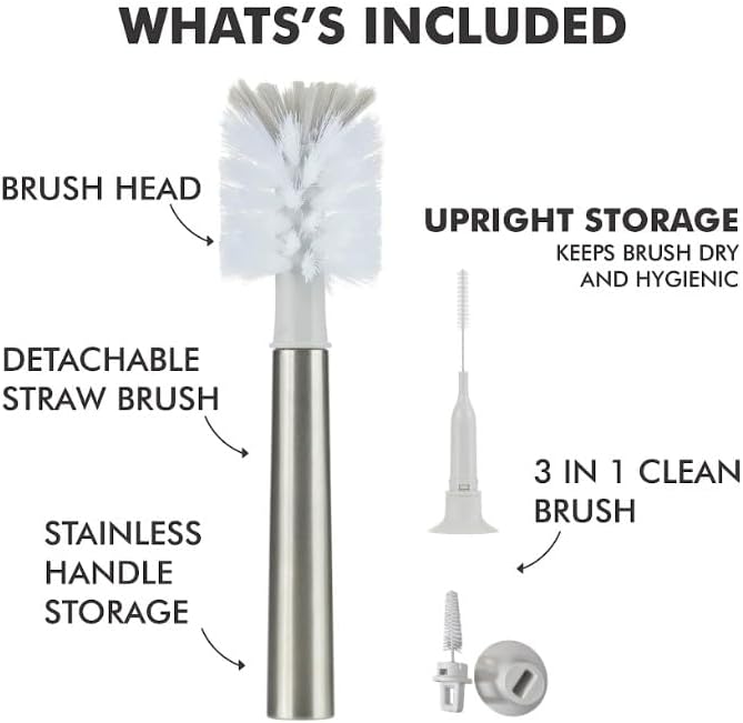 3-in-1 Stainless Bottle Brush for Baby Bottles - Water Bottle Brush Cleaner with Nipple and Straw Brush, Long Bottle Washer, Cup and Tumbler Cleaner Brush. (Pack of 1)
