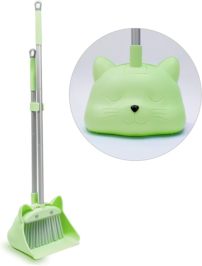 28′′ Mini Broom and Dustpan Set for Kids-Ideal Kids' Toys as Gifts, Parent-Child Interactive Cleaning Tool, Cute Cartoon Design, Household Helper for Toddlers, Small Safe Corner Broom (Green Sprout)