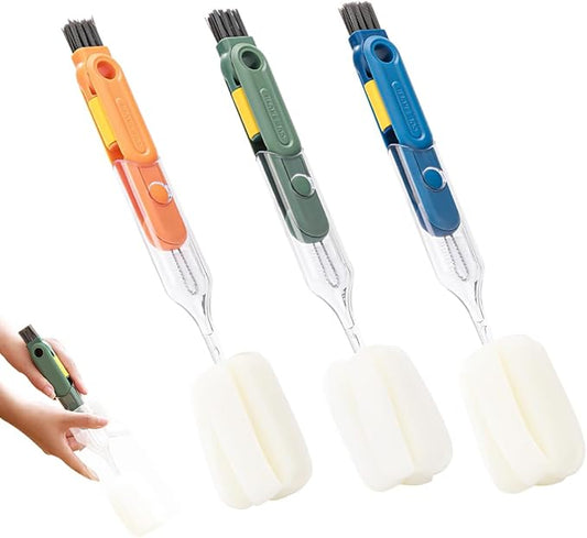 3 PCS 5 in 1 Soft Bottle Brush, Bottle Cleaning Brush Set with Sponge, Cup Lib Clear Brush Bottle Gap Brush Portable Crevice Cleaning Brush Set