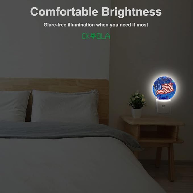 EKOBLA 4th of July Night Light American Flag Fireworks Patriotic Spirit Night Lights Plug into Wall Independence Day Plug-in Nightlights Auto on/Off Led Lamp for Men Women Girls Boys