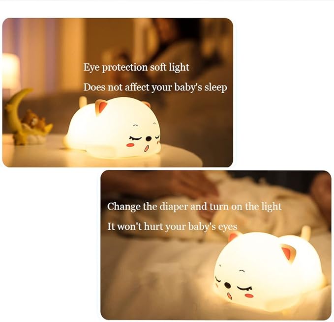 Cute Kids Night Light Night Lamp Night Lights for Kids Bedroom Toddler Baby Portable Silicone Battery Led Nightlight Nursery (Cute Cat)