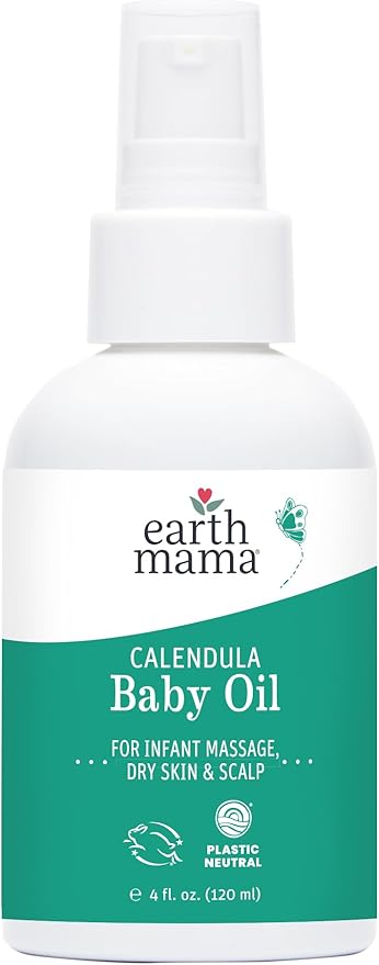 Earth Mama Calendula Baby Oil | Massage Oil for Newborn Skin Care, Dry Skin & Scalp Moisturizer, Fragrance Free, 4-Fluid Ounce