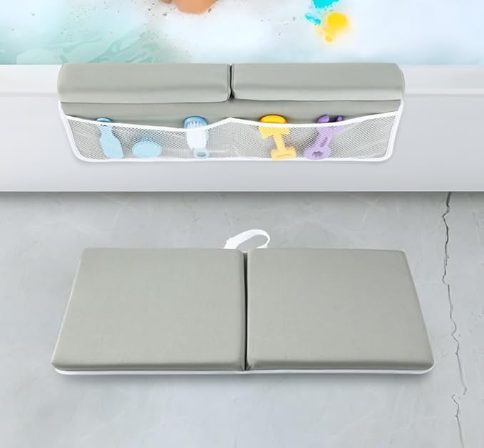 PandaEar Baby Bath Kneeler & Elbow Rest Pad, Comfortable Non-Slip Kneeling Mat Cushion with Toy Organizer Storage Pockets, Foldable Foam Mat for Toddler Bathroom Bathing Time (Grey)