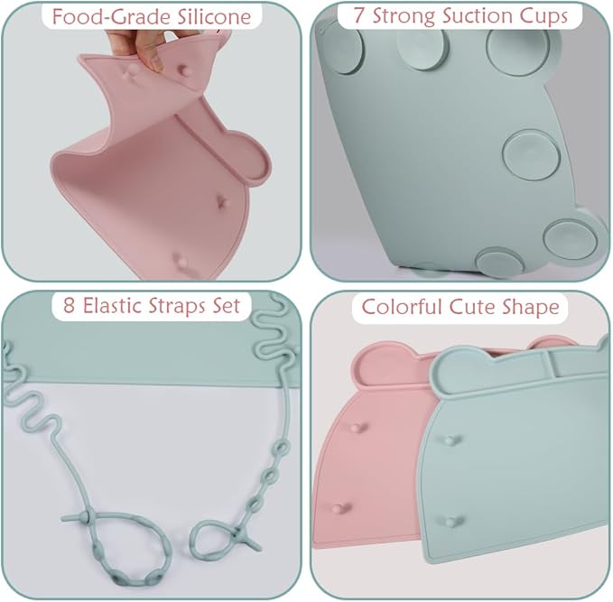 Picowe 2 Pack Silicone Suction Placemats for Babies with 8 Elastic Straps, Non-Slip Toddler Placemats for Dining Table, High Chair, Restaurant Use - Pink & Green