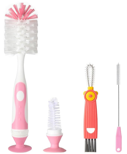 4-in-1 Baby Bottle Brush Set, Including Nylon Bottle Brush, Cap, Straw, Nipple Brushes, BPA-Free (Pink)