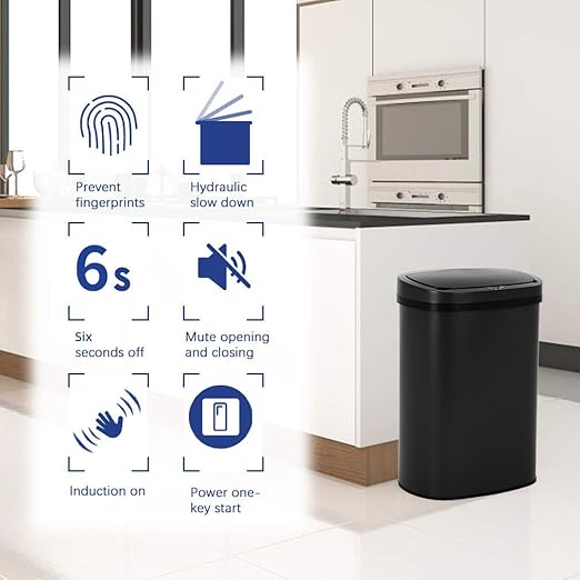Stainless Steel Kitchen Trash Can Bathroom Bedroom Office Waste Bin with Lid Automatic Sensor Touch Free Garbage Can 13 Gallon / 50L,Black
