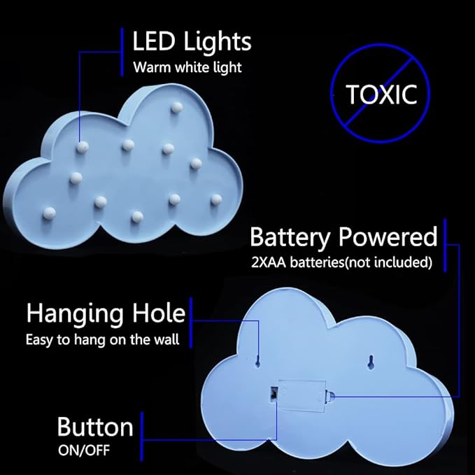 Blue LED Cloud Marquee Signs, Light Up Cloud Decorative Signs Hanging Hole Nursery Room Night Light for Baby Shower, Party Supply, Christmas Decor-Blue