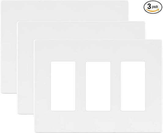 LIDER Brushed Finish Decorator Switch Cover, Screwless Wall Plate, Mid-Size 3-Gang 4.88" x 6.77", Unbreakable Polycarbonate Thermoplastic, UL Listed, LSWP-33M-W3P, White, 3 Pack