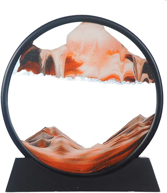 Aoderun Moving Sand Art Picture Round Glass 3D Deep Sea Sandscape in Motion Display Flowing Sand Frame Relaxing Desktop Home Office Work Decor (7", Orange)