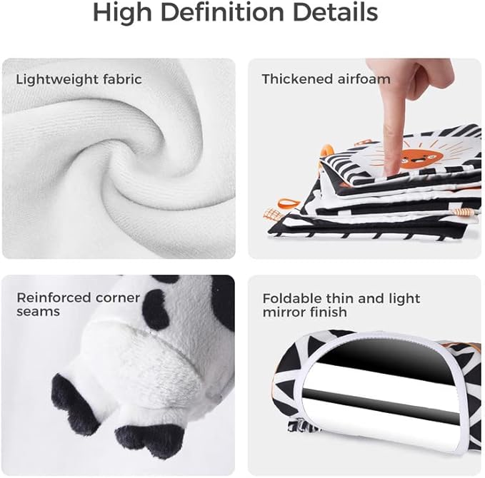 TUMAMA Black and White Baby Toys, High Contrast Tummy Time, Newborn Soft Books Mirror Rattles, Montessori Sensory 0-12 Months, Hanging Infant for Carseat Stroller Play Mat Crib