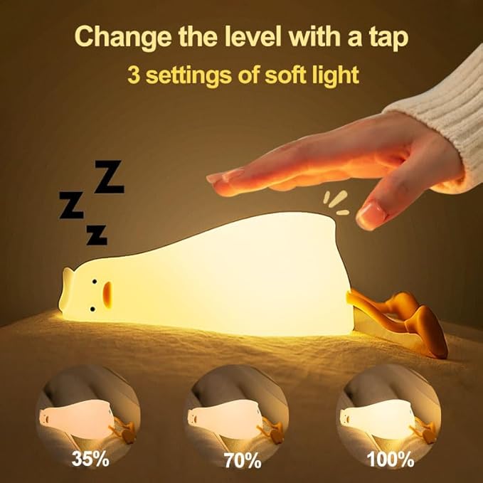 Kibbidea Cute Duck Night Light, Lazy Duck Squishy Lamp Touch Control, Non-Toxic Silicone, Funny Bedside Animal Nightlight with Timer & Rechargeable for Kids Room Desk Decor, Gifts for Girl,Boy,Women