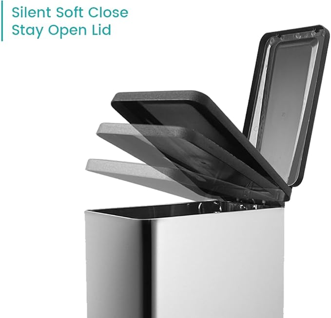 12 Gallon Trash Can with Lid，45L Kitchen Garbage Can,Stainless Steel Trash Can for Narrow Spaces with Soft-Close Lid, Inner Bucket, and Step-on Pedal