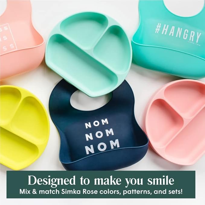 Simka Rose Silicone Baby Bibs with Food Catcher - Adjustable Soft Catch All Bib for Boys & Girls - High Chair Dining Table