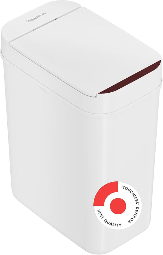 iTouchless 3 Gallon Bathroom Sensor Trash Can, 10 Liter Small Touchless Automatic Slim Garbage Bin with Lid, Smart Narrow Motion Control Commercial Waste Basket for Office, Bedroom, White