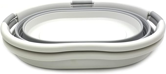 SAMMART 57L (15 Gallons) Collapsible 3-Handled Plastic Laundry Basket - Oval Tub - Portable Washing Tub-Space Saving Laundry Hamper, Water Capacity 44L / 11.6 Gallon (2, Grey/Grey)