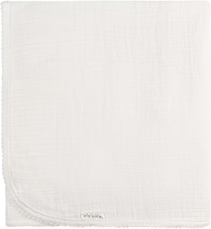 Ely's & Co. Cotton Muslin Swaddle Blanket with Scallop Trim, 1-Pack for Baby Boy or Girl— 100% Cotton Muslin Extra-Large Swaddle Blankets (47” x 47”) Ivory
