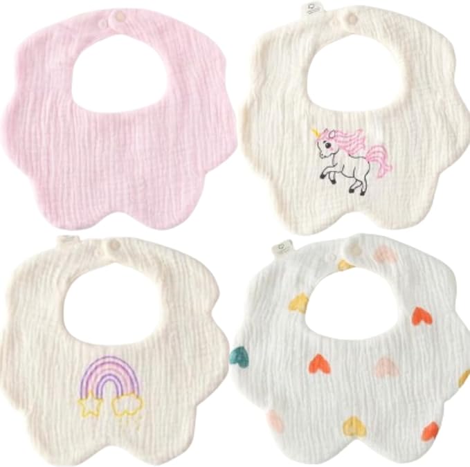 4 Pack Baby Bandana Bibs - Super Absorbent for Drooling & Teething - Soft, Flower Shape (0-24 Months)
