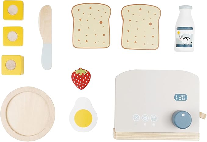 PairPear Pop up Toaster Play Kitchen Playset - Wooden Toy Food 11 Accessories for Kids