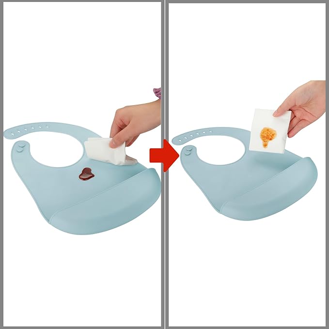 PandaEar 3 Pack Silicone Baby Bibs, Super Thin Light Weight Waterproof for Babies & Toddlers, Adjustable Soft Silicone Feeding Bibs with Food Catcher Pocket (Blue/Green/Flesh)