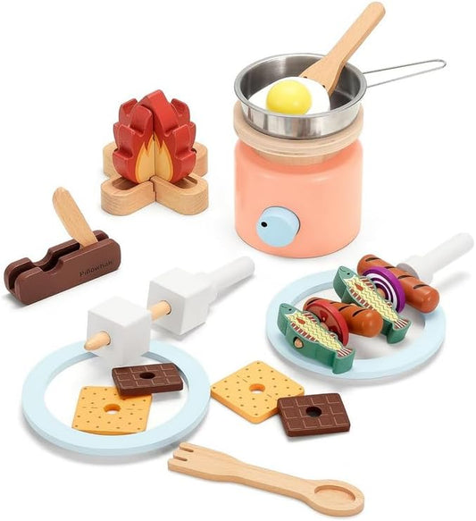 Wooden Campfire Playset – 25-Piece Kids S’Mores & Grill Pretend Camping Kitchen Toy, Glow-Look Fire, Skewers, Pan & Food, STEM Screen-Free Outdoor BBQ Gift for Boys & Girls Age 3+