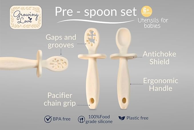 Growing Love Baby Spoons Set, Self Feeding 6 months, Pre-Spoon, Baby utensils, training spoon, cuchara bebe, blw, 100% silicone, Anti choke shield (vanilla)