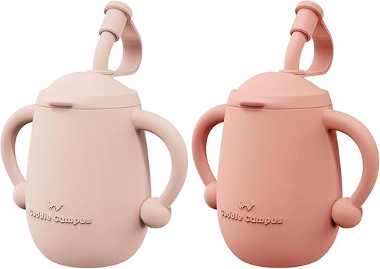 Cuddle Campus Pack of 2 Silicone Baby Training Cup, Shatterproof Toddler Sippy Cups with Straw, Open Cup for Baby, 6+ Months 5 Oz