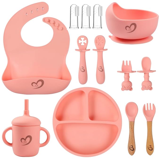 Silicone Baby Feeding Set 13 Pcs,Baby Led Weaning Supplies, Baby Spoons Suction Bowl Divided Plate Bib Cup Finger Brush,First Stage Solid Food Eating Utensils - 6 Months + (Pink)
