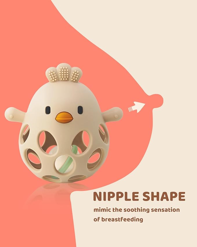 2-in-1 Baby Teething Rattle Toy, Sensory Grasping Teether for Infants 3-12 Months, 100% Food-Grade Silicone, Easy to Hold, Soothing & Developmental, BPA Free