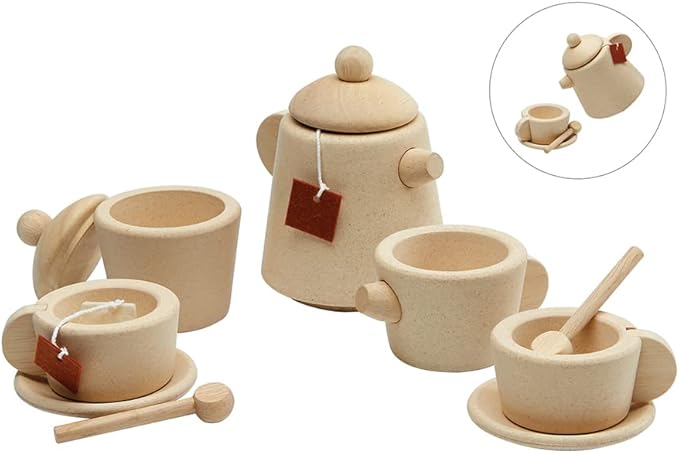 PlanToys Play Kitchen Tea Set Pretend Play Toys - Non-Toxic Wooden Tea Set for Kids and Toddlers