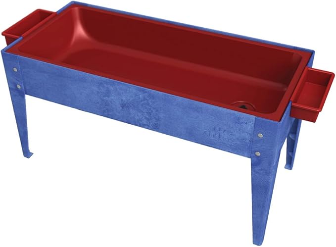 Constructive Playthings Indoor/Outdoor Sand and Water Activity Table for Kids Ages 1-3, Classroom Play Table with Dry-Erase Top and 2 Side Trays, Blue/Red, 18" H