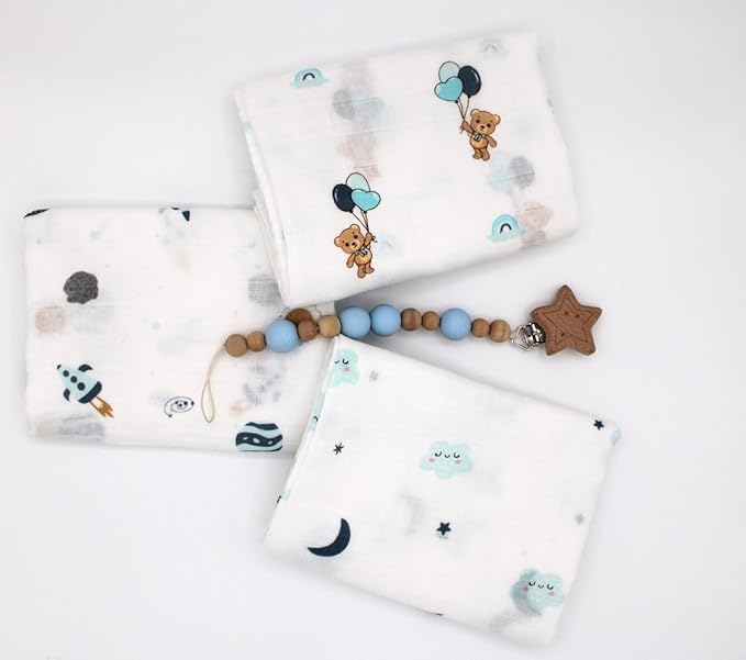 100% Muslin Cotton Baby Receiving Cloths, 3-Pack, 27x27 in (70x70cm), Soft & Gentle for Newborns, Sensitive Skin Safe, For Feeding, Burping & Comfort, 0+ Months (Spaceship/Teddy Bear/Clouds)