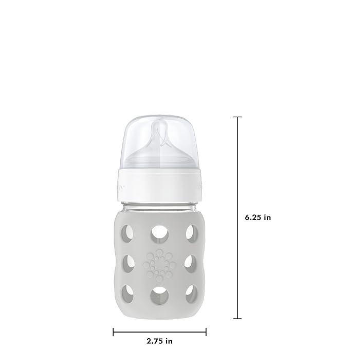 Lifefactory 8-Ounce Wide Neck Glass Baby Bottle with Protective Silicone Sleeve and Stage 2 Nipple, Stone Grey (LG2211WCG4)