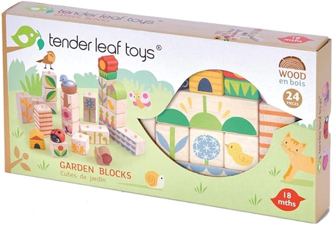 Tender Leaf Toys - Garden Blocks - 25 Pieces Decorative Garden Themed Wooden Stacking Blocks with Peg - Building Blocks, Hand-Eye Coordination Strength & Creative Play - Age 18m+