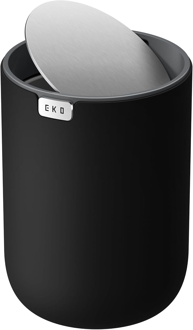 EKO Fandy 0.58 Gal/2.2L Mini Trash Can with Lid, Swing-Top Desktop Trash Can for Bathroom, Countertop, Vanity, Desk or Office, Small Garbage Bin (Black)