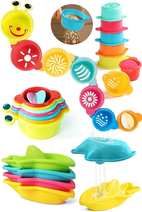11 PCS Toddler Bath Toys for Kids Ages 1-3 Baby Shower Toys Mold Free Bathtub Toys for 12-18 Months Pool Water Table Sand Toys Stacking Cups & Floating Boats for Kids 2-4 Christmas Stocking Stuffers