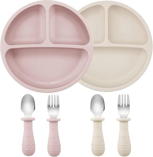 PandaEar 6 Pack Toddler Plates and Utensils Set, 2 Pack Silicone Baby Plates with Suction and 4 Stainless Steel Baby Spoons Forks, Toddler Dinnerware Set, Baby Dishes