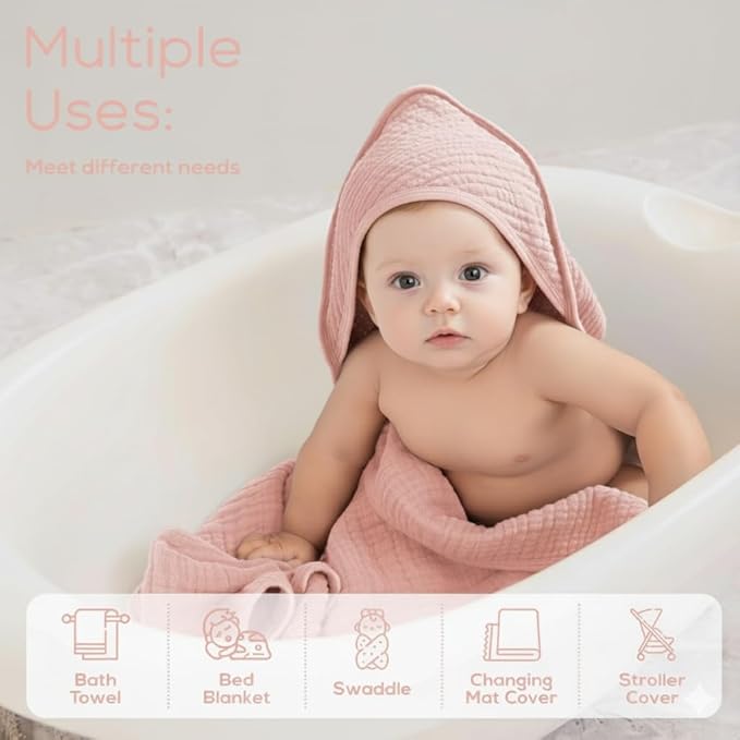 Muslin Hooded Baby Towels for Newborns, 32"x32", 100% Cotton – 6 Layers Super Soft Absorbent Breathable, Baby Bath Towel, Toddler Bath Towel – Pack of 2