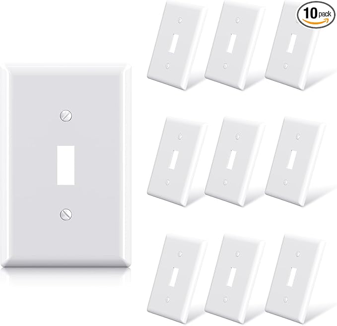 ELEGRP 1-Gang Mid Size Toggle Switch Covers, Light Switch Wall Plate, Unbreakable Polycarbonate Replacement Faceplates Covers, UL Listed, Color-matched Screws Included (10 Pack, Glossy White)