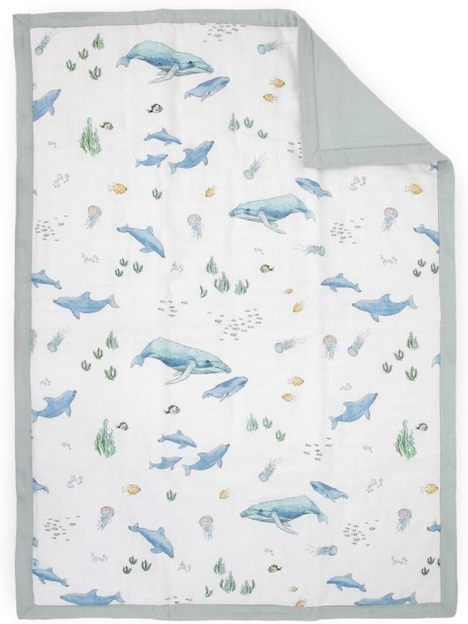 Little Unicorn Lofty Comforter Blanket | Super Soft & Breathable Muslin Fabric| Great for Play & Bedtime Blanket (Whales)