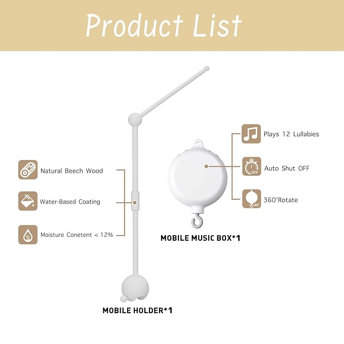 Crib Mobile Arm with Music Box,32.5 Inch White Crib Mobile Stand,Wooden Mobile Arm for Crib (2 Modes,360°Adjustable,100% Beech Wood) Baby Crib Mobile for Boy and Girl